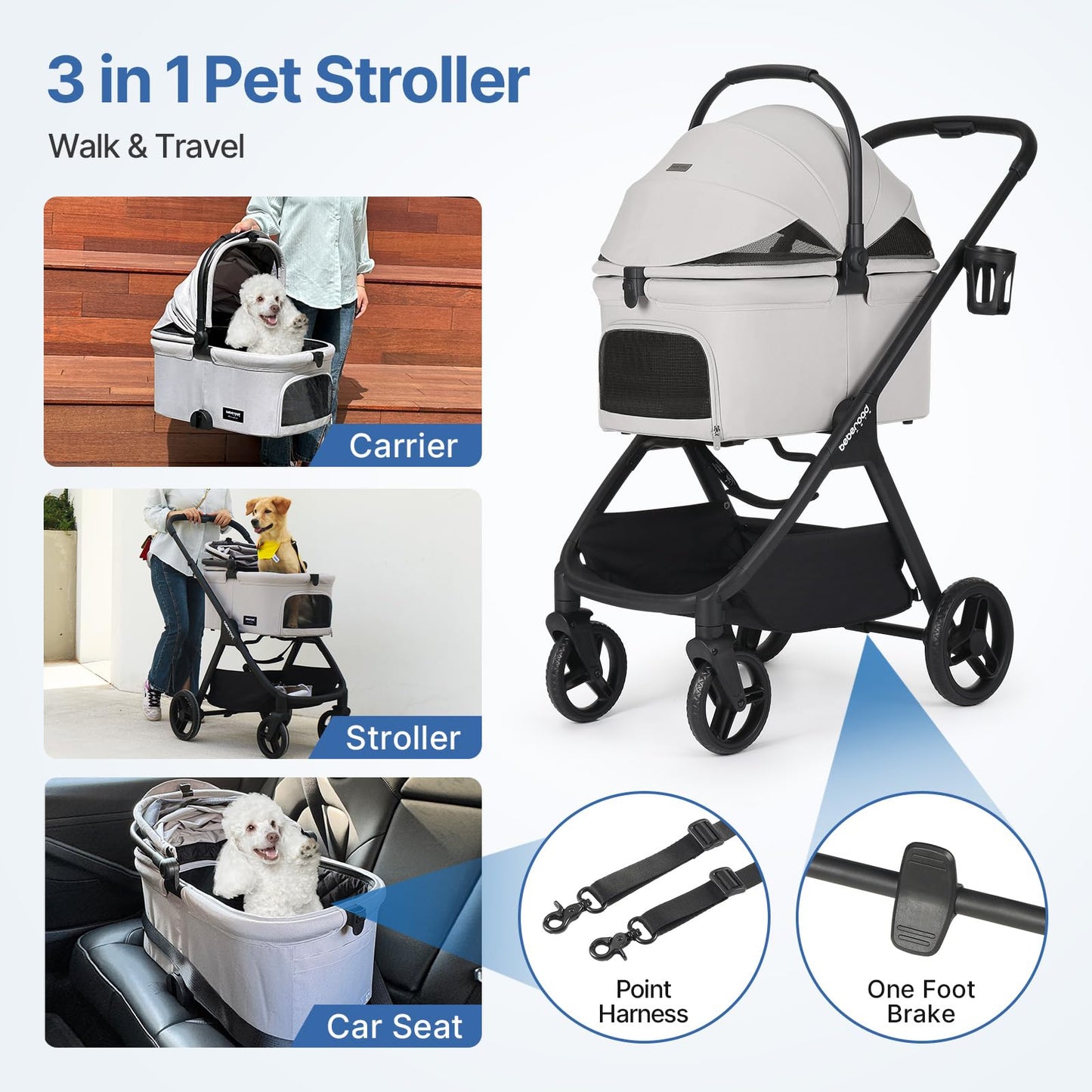Beberoad Pets X-5 Luxury Pet Stroller, 3-in-1 Carrier & Car Seat, One-Touch Fold, Up to 55 lbs, Gray