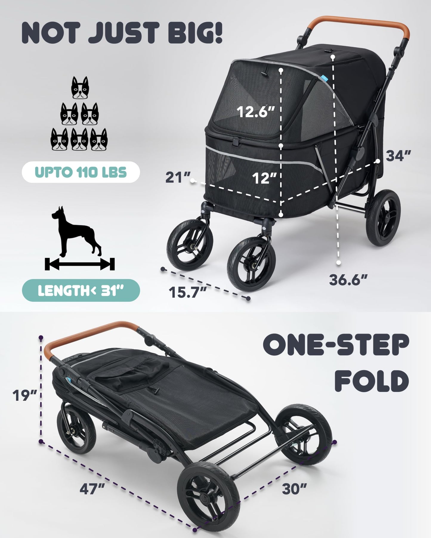 Zoosky Pet Stroller for Large Dogs, Up to 110 lbs, All-Terrain Design, Adjustable Handle, Waterproof Fabric