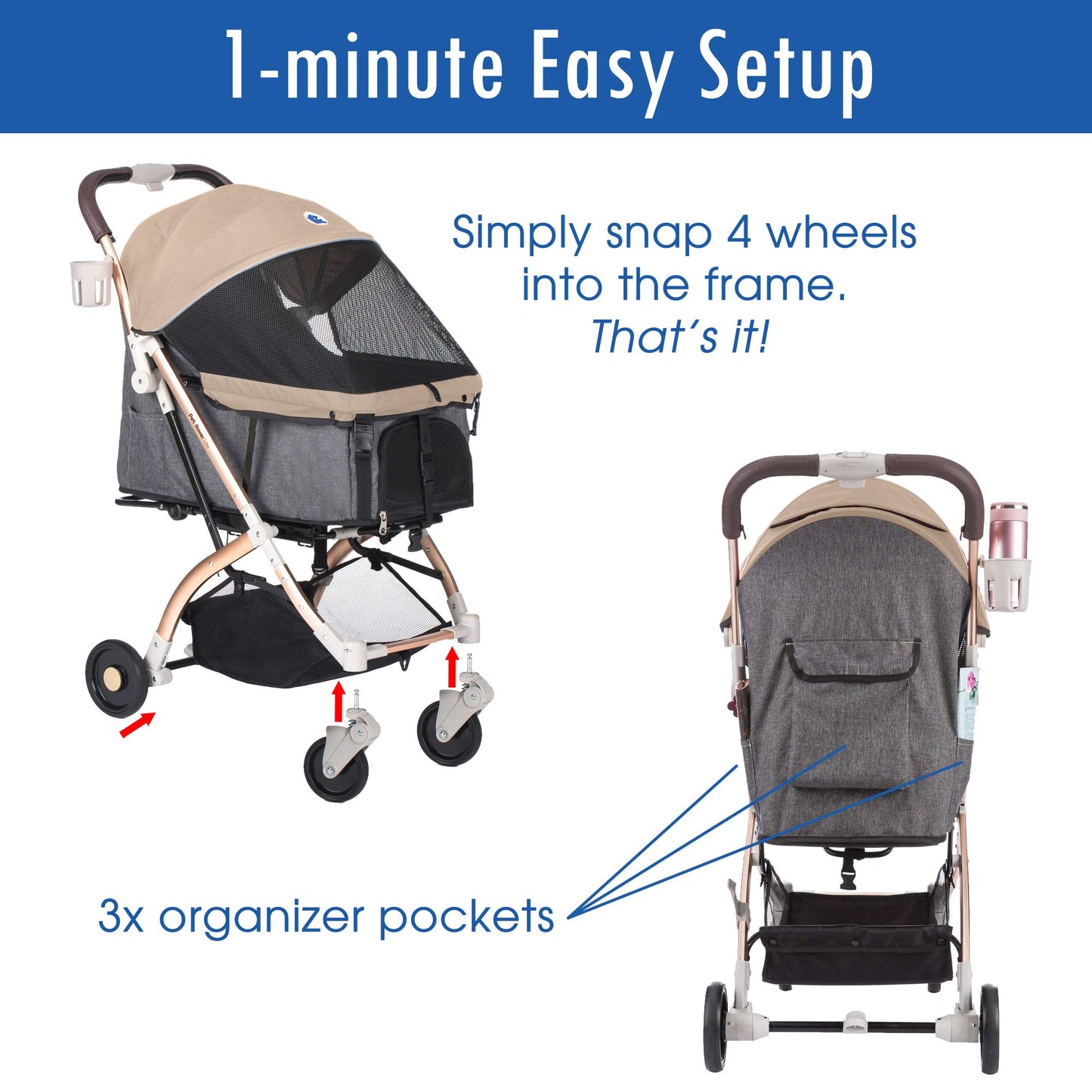 HPZ Pet Rover Lite Pet Stroller, Lightweight Aluminum Frame, Convertible Compartment for Small & Medium Pets
