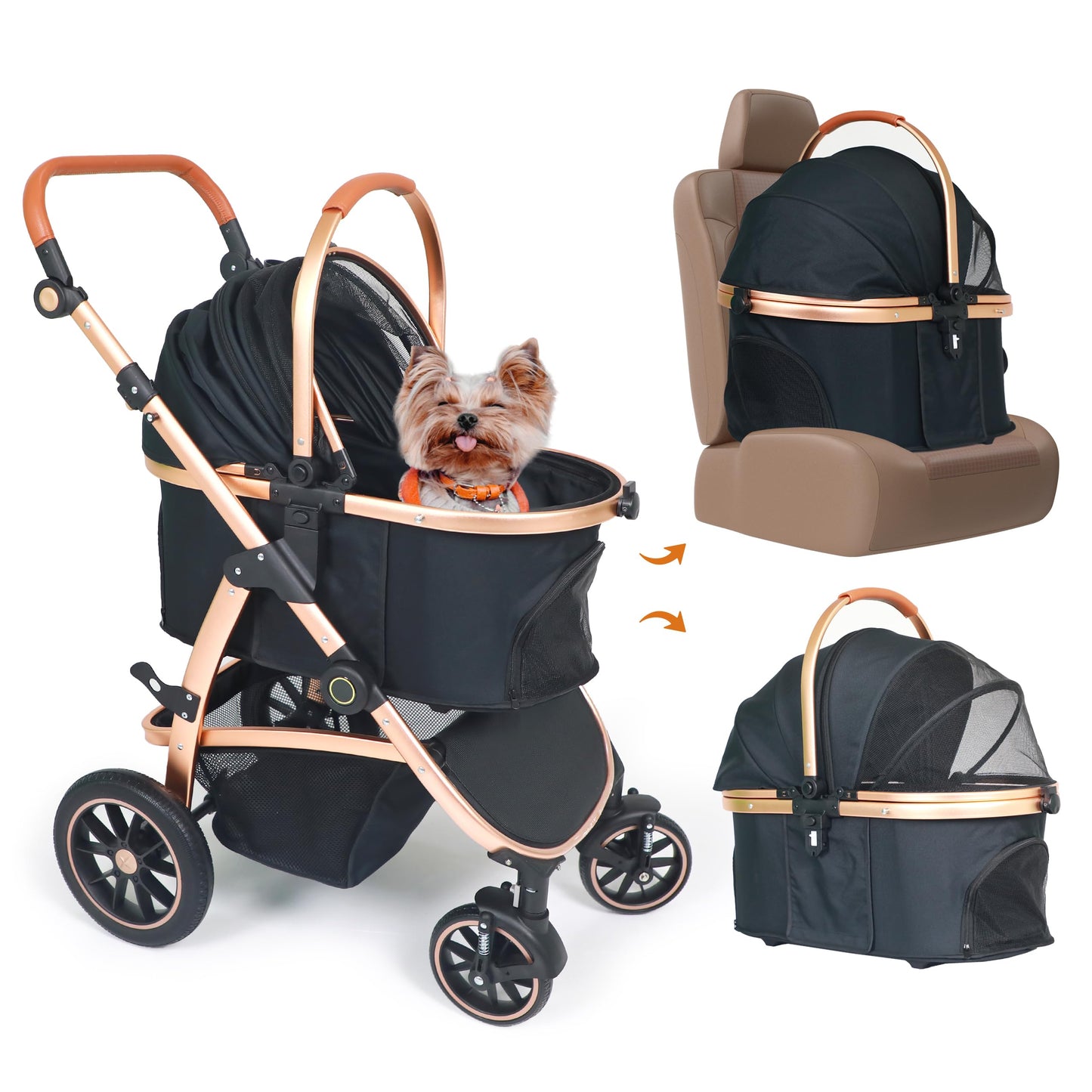 Neatki 3-in-1 Pet Stroller, Detachable Carrier & Car Seat, Foldable, Lightweight, Up to 55 lbs, Black/Gold