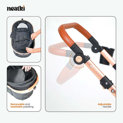 Neatki 3-in-1 Pet Stroller, Detachable Carrier & Car Seat, Foldable, Lightweight, Up to 55 lbs, Black/Gold