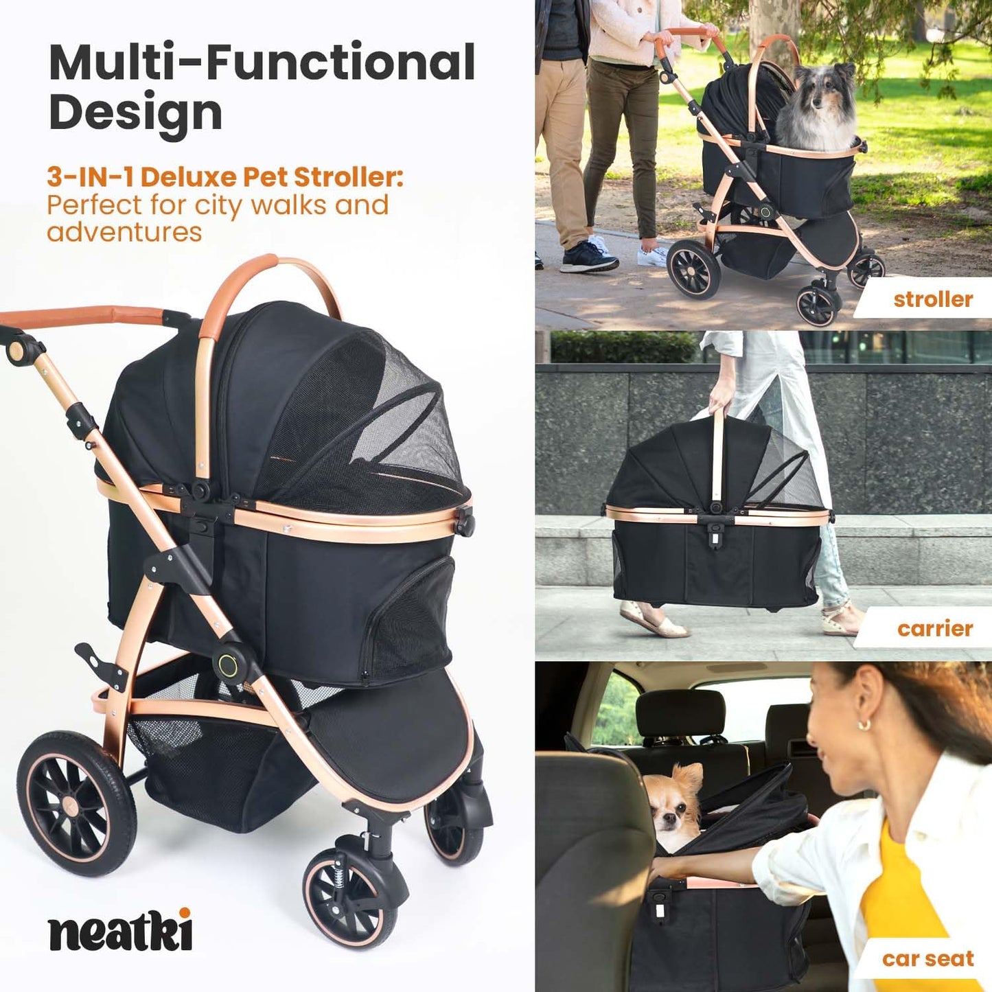 Neatki 3-in-1 Pet Stroller, Detachable Carrier & Car Seat, Foldable, Lightweight, Up to 55 lbs, Black/Gold