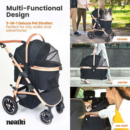 Neatki 3-in-1 Pet Stroller, Detachable Carrier & Car Seat, Foldable, Lightweight, Up to 55 lbs, Black/Gold