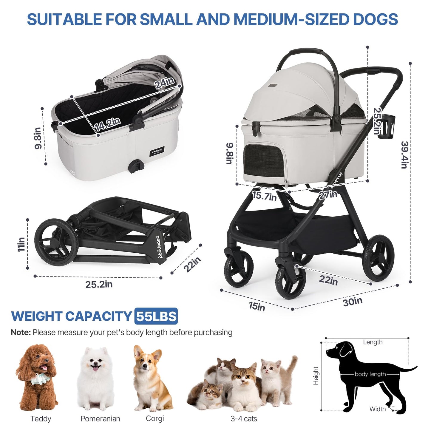Beberoad Pets X-5 Luxury Pet Stroller, 3-in-1 Carrier & Car Seat, One-Touch Fold, Up to 55 lbs, Gray