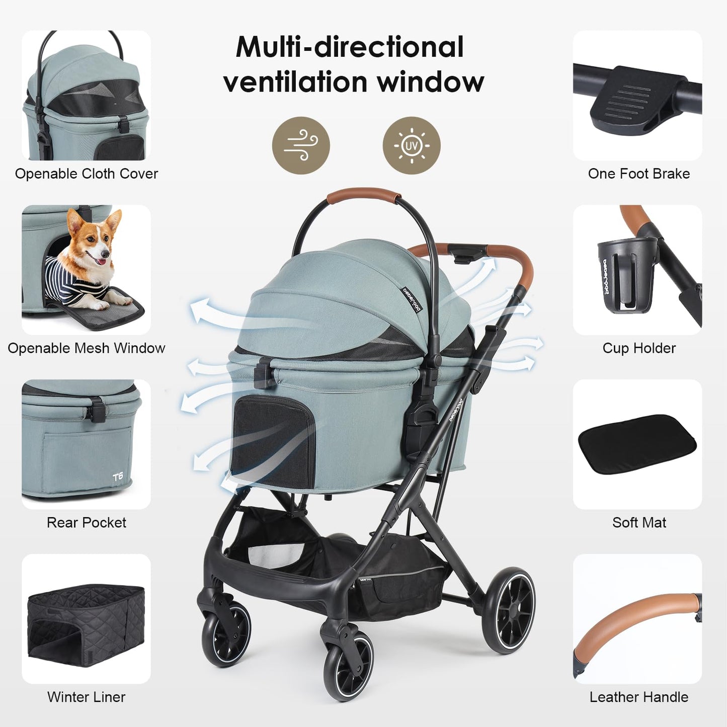 Beberoad Pets T6 Luxury Pet Stroller, 3-in-1 Design, Removable Carrier, Foldable, Up to 66 lbs, Green