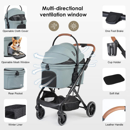 Beberoad Pets T6 Luxury Pet Stroller, 3-in-1 Design, Removable Carrier, Foldable, Up to 66 lbs, Green