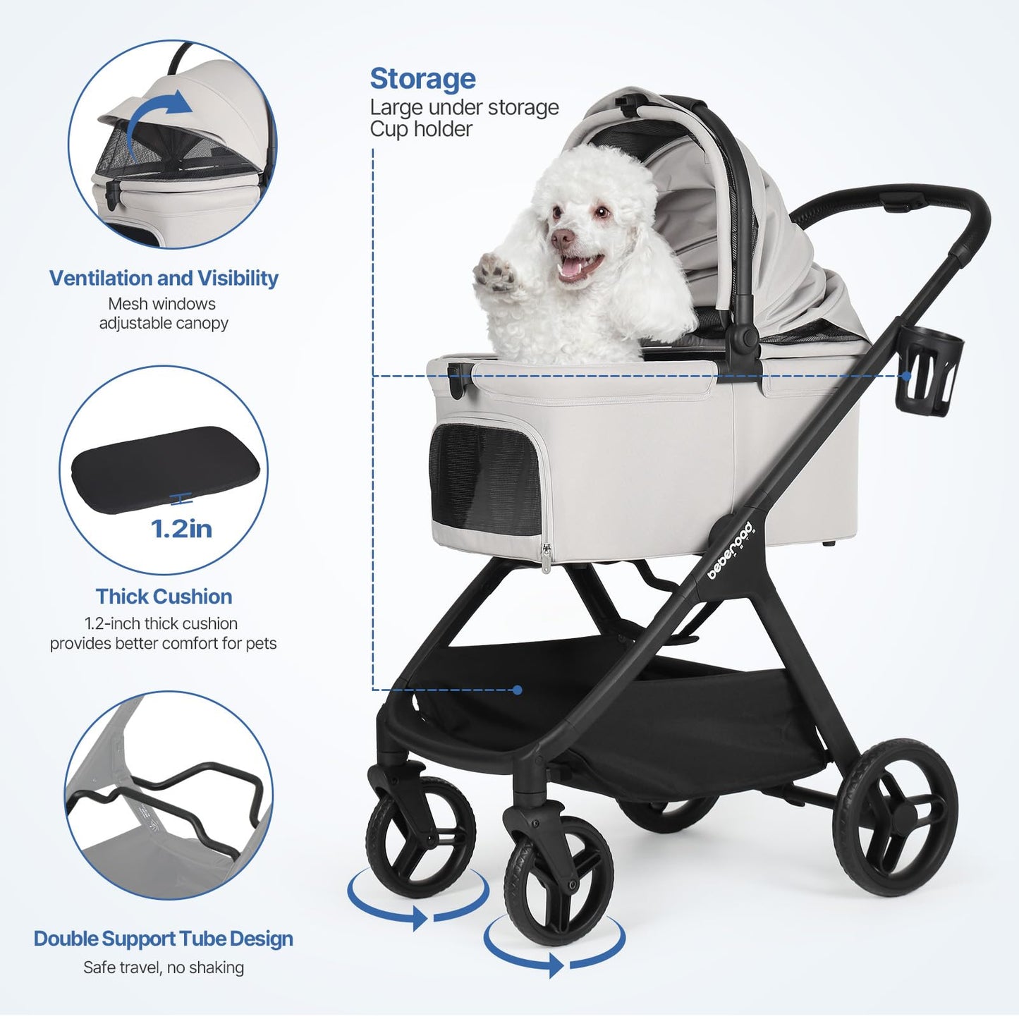 Beberoad Pets X-5 Luxury Pet Stroller, 3-in-1 Carrier & Car Seat, One-Touch Fold, Up to 55 lbs, Gray