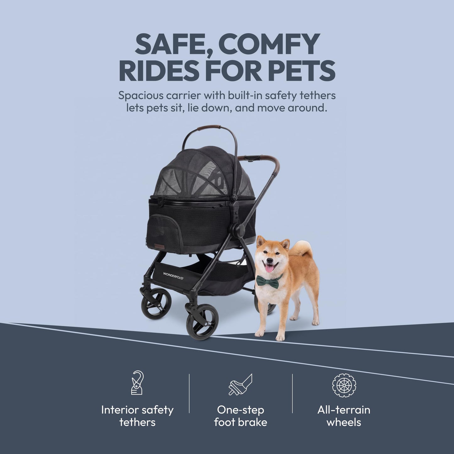 WonderFold P3 Buddy Pet Stroller, Lightweight Foldable Design, Adjustable Handlebar, Dual Entry, Up to 48.5 lbs