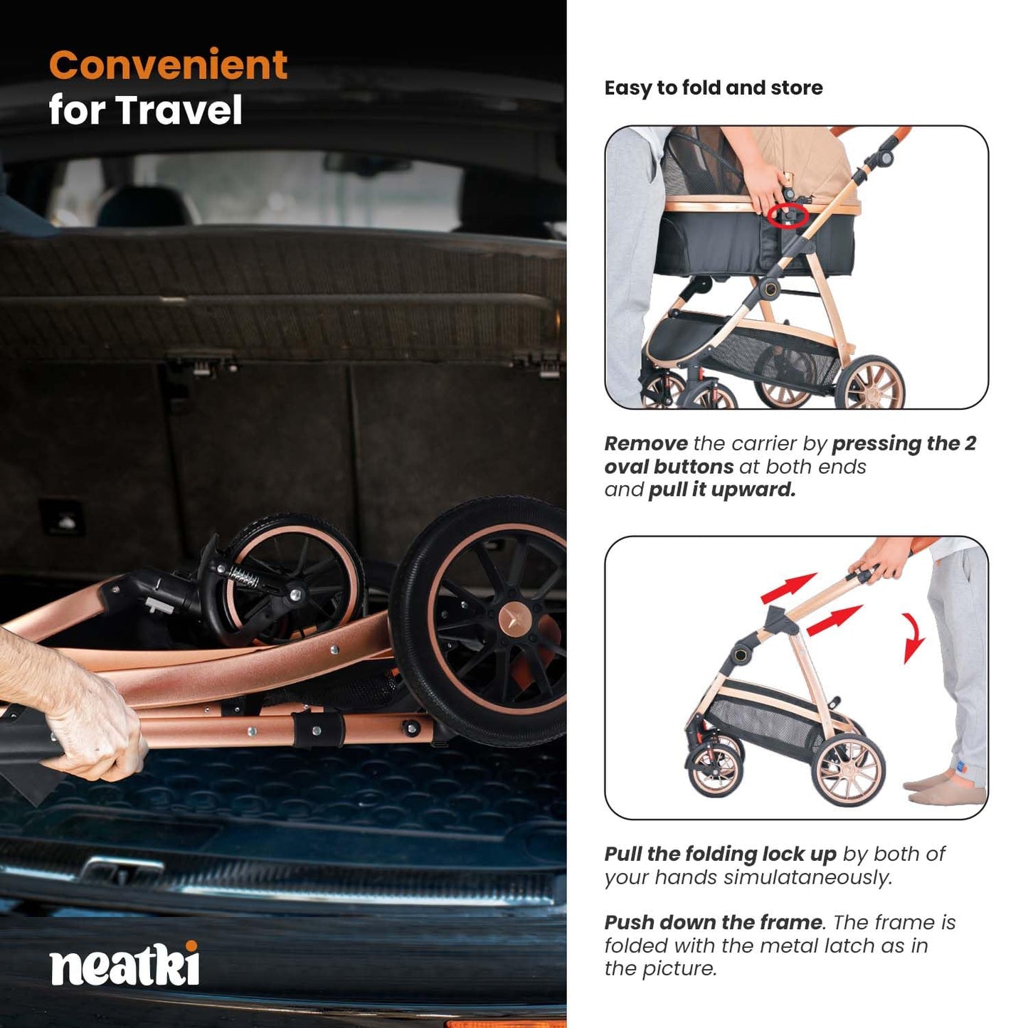 Neatki 3-in-1 Pet Stroller, Detachable Carrier & Car Seat, Foldable, Lightweight, Up to 55 lbs, Black/Gold