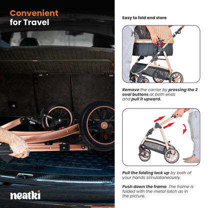 Neatki 3-in-1 Pet Stroller, Detachable Carrier & Car Seat, Foldable, Lightweight, Up to 55 lbs, Black/Gold