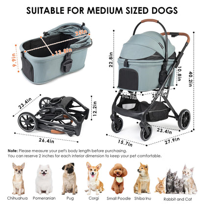 Beberoad Pets T6 Luxury Pet Stroller, 3-in-1 Design, Removable Carrier, Foldable, Up to 66 lbs, Green