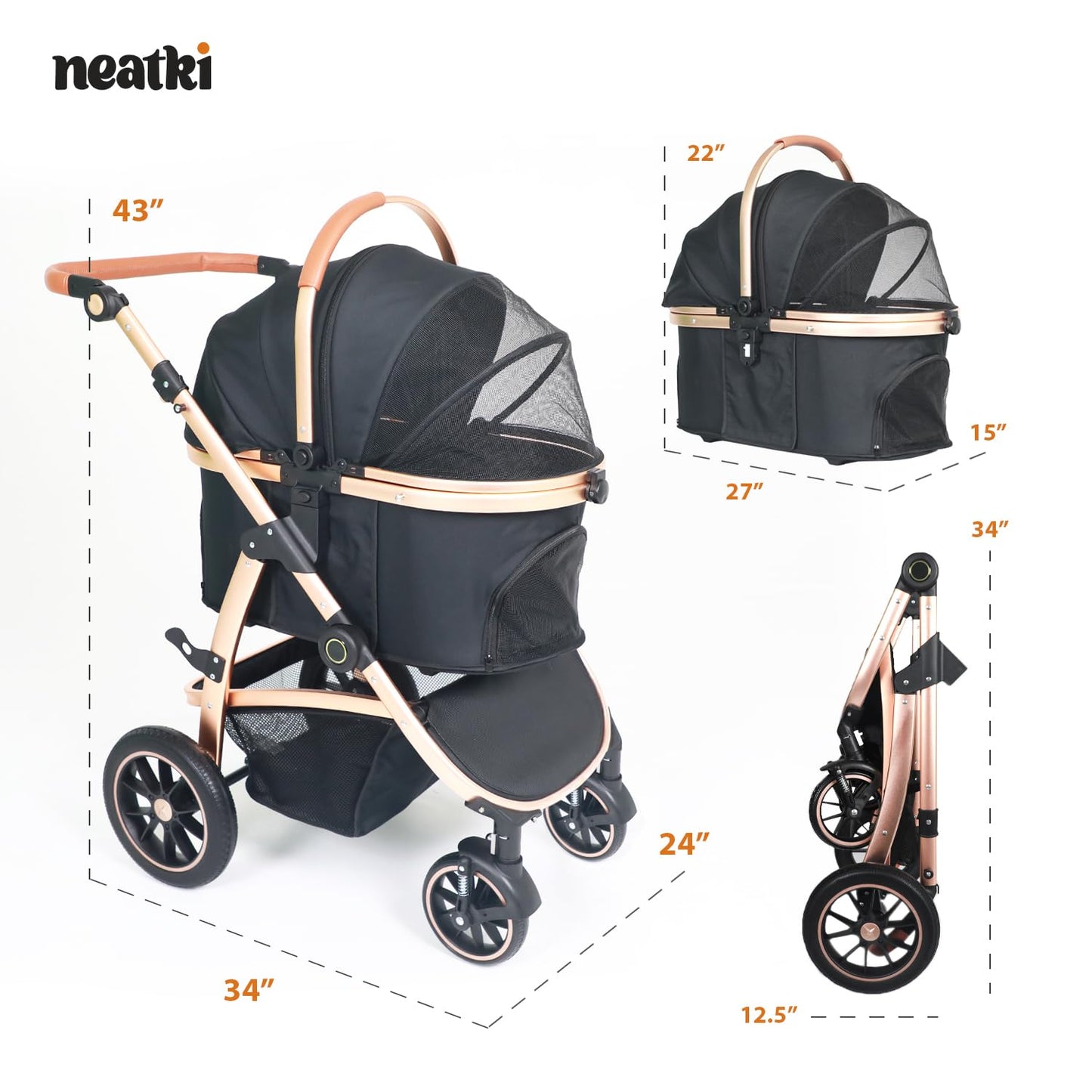 Neatki 3-in-1 Pet Stroller, Detachable Carrier & Car Seat, Foldable, Lightweight, Up to 55 lbs, Black/Gold
