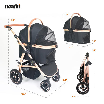Neatki 3-in-1 Pet Stroller, Detachable Carrier & Car Seat, Foldable, Lightweight, Up to 55 lbs, Black/Gold