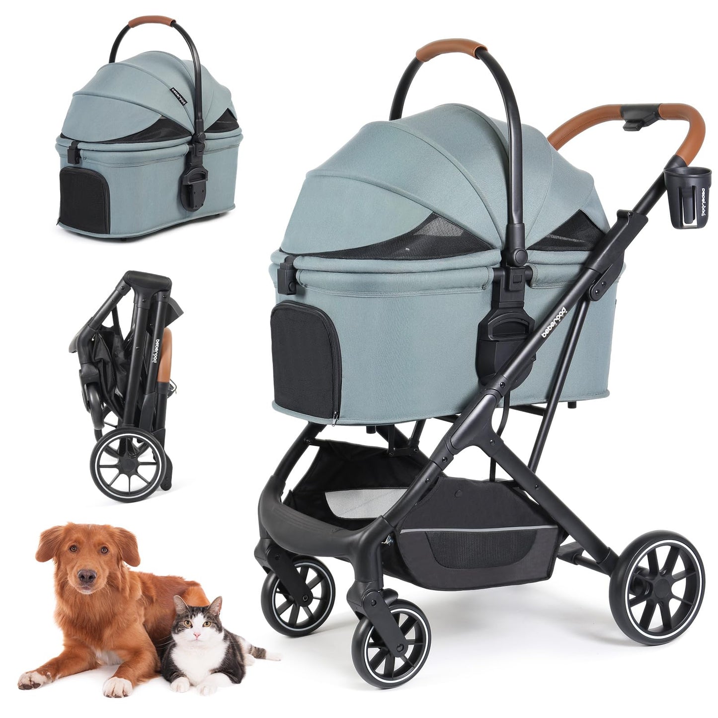 Beberoad Pets T6 Luxury Pet Stroller, 3-in-1 Design, Removable Carrier, Foldable, Up to 66 lbs, Green