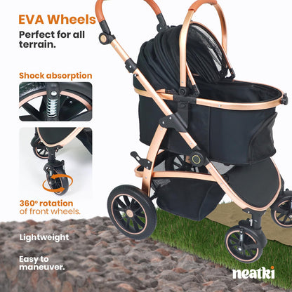 Neatki 3-in-1 Pet Stroller, Detachable Carrier & Car Seat, Foldable, Lightweight, Up to 55 lbs, Black/Gold