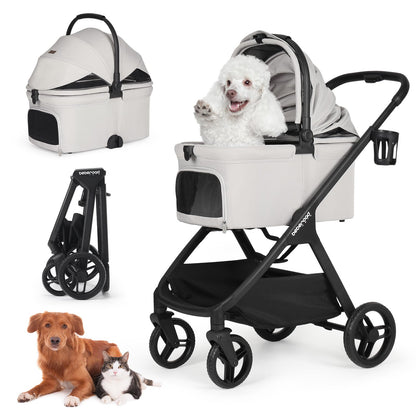 Beberoad Pets X-5 Luxury Pet Stroller, 3-in-1 Carrier & Car Seat, One-Touch Fold, Up to 55 lbs, Gray