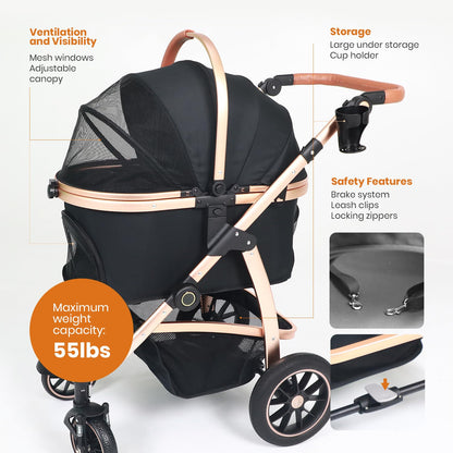 Neatki 3-in-1 Pet Stroller, Detachable Carrier & Car Seat, Foldable, Lightweight, Up to 55 lbs, Black/Gold