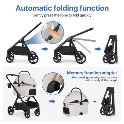 Beberoad Pets X-5 Luxury Pet Stroller, 3-in-1 Carrier & Car Seat, One-Touch Fold, Up to 55 lbs, Gray