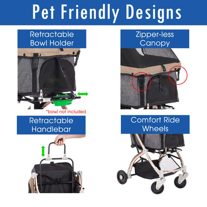 HPZ Pet Rover Lite Pet Stroller, Lightweight Aluminum Frame, Convertible Compartment for Small & Medium Pets
