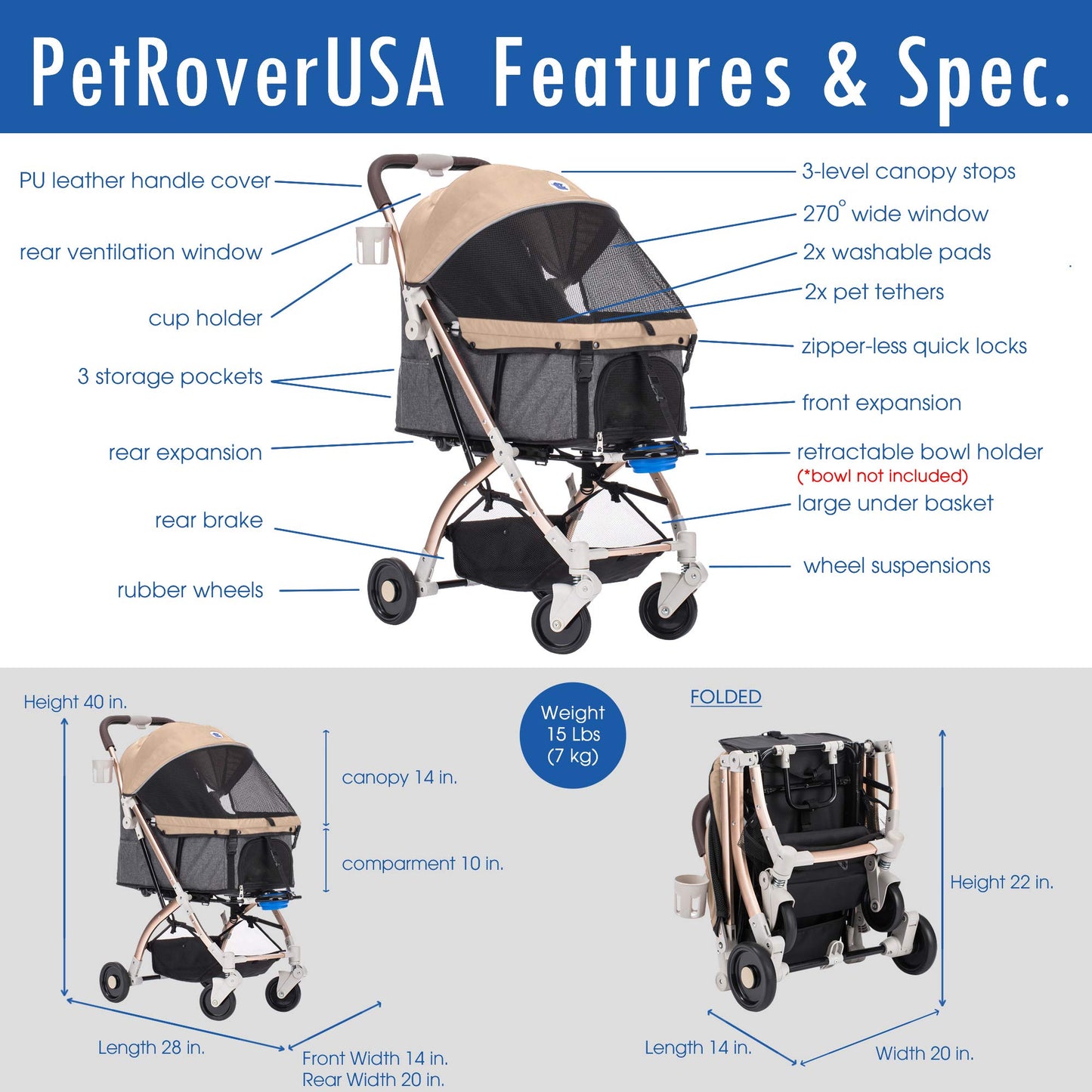 HPZ Pet Rover Lite Pet Stroller, Lightweight Aluminum Frame, Convertible Compartment for Small & Medium Pets