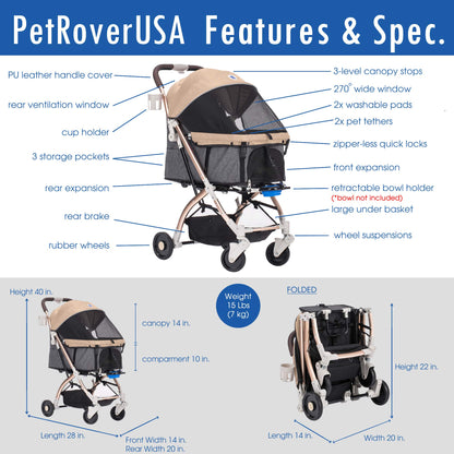 HPZ Pet Rover Lite Pet Stroller, Lightweight Aluminum Frame, Convertible Compartment for Small & Medium Pets