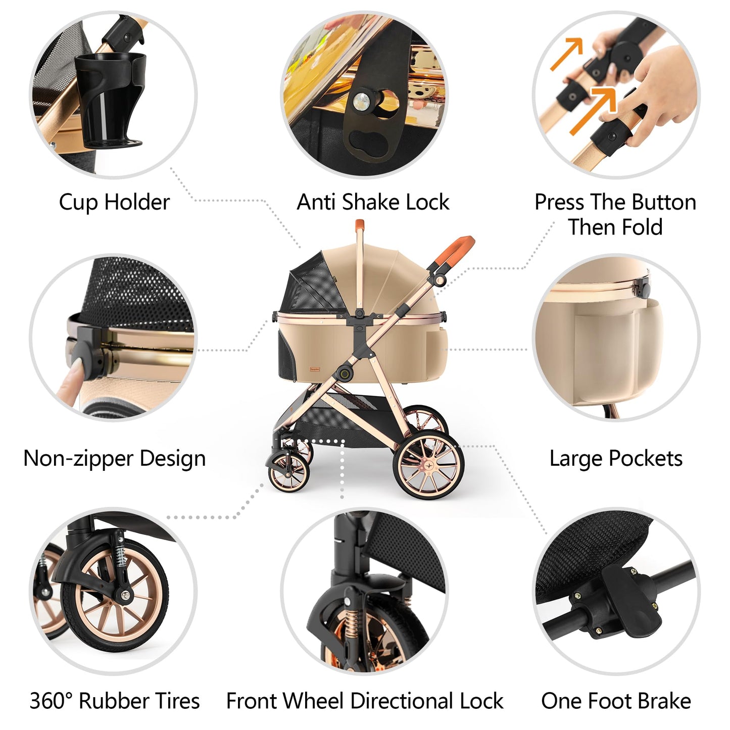 Kenyone Luxury 3-in-1 Pet Stroller, Detachable Carrier, Gold Mirror Finish, For Small & Medium Pets, Khaki