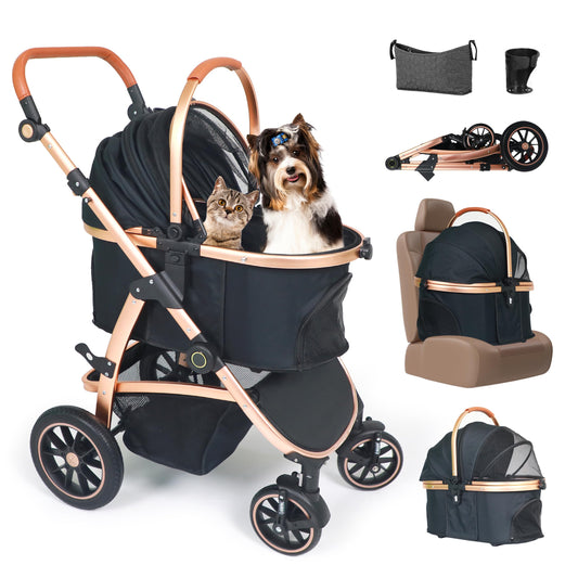 Neatki 3-in-1 Pet Stroller, Detachable Carrier & Car Seat, Foldable, Lightweight, Up to 55 lbs, Black/Gold
