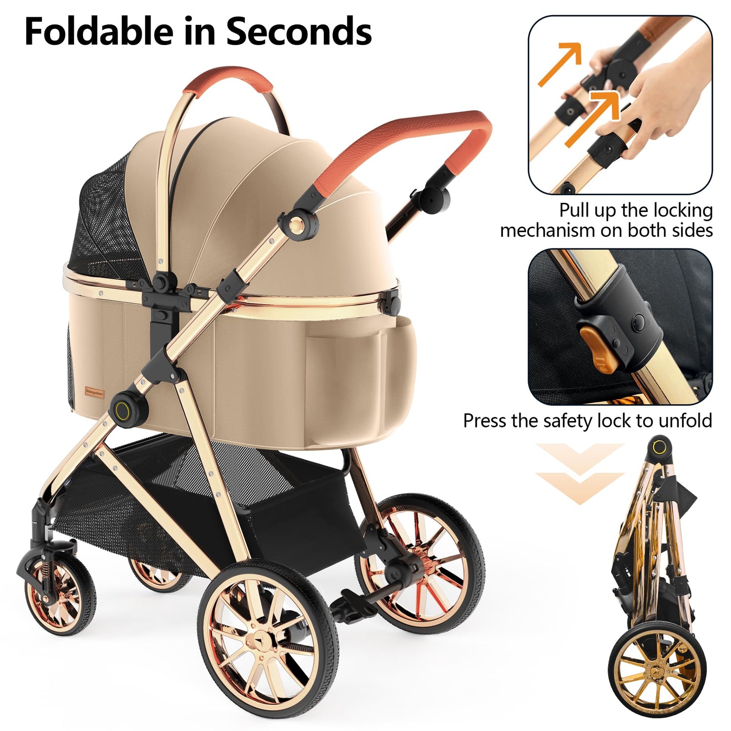 Kenyone Luxury 3-in-1 Pet Stroller, Detachable Carrier, Gold Mirror Finish, For Small & Medium Pets, Khaki