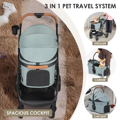 Beberoad Pets T6 Luxury Pet Stroller, 3-in-1 Design, Removable Carrier, Foldable, Up to 66 lbs, Green