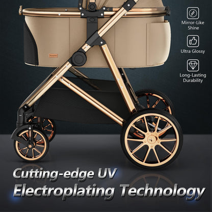 Kenyone Luxury 3-in-1 Pet Stroller, Detachable Carrier, Gold Mirror Finish, For Small & Medium Pets, Khaki