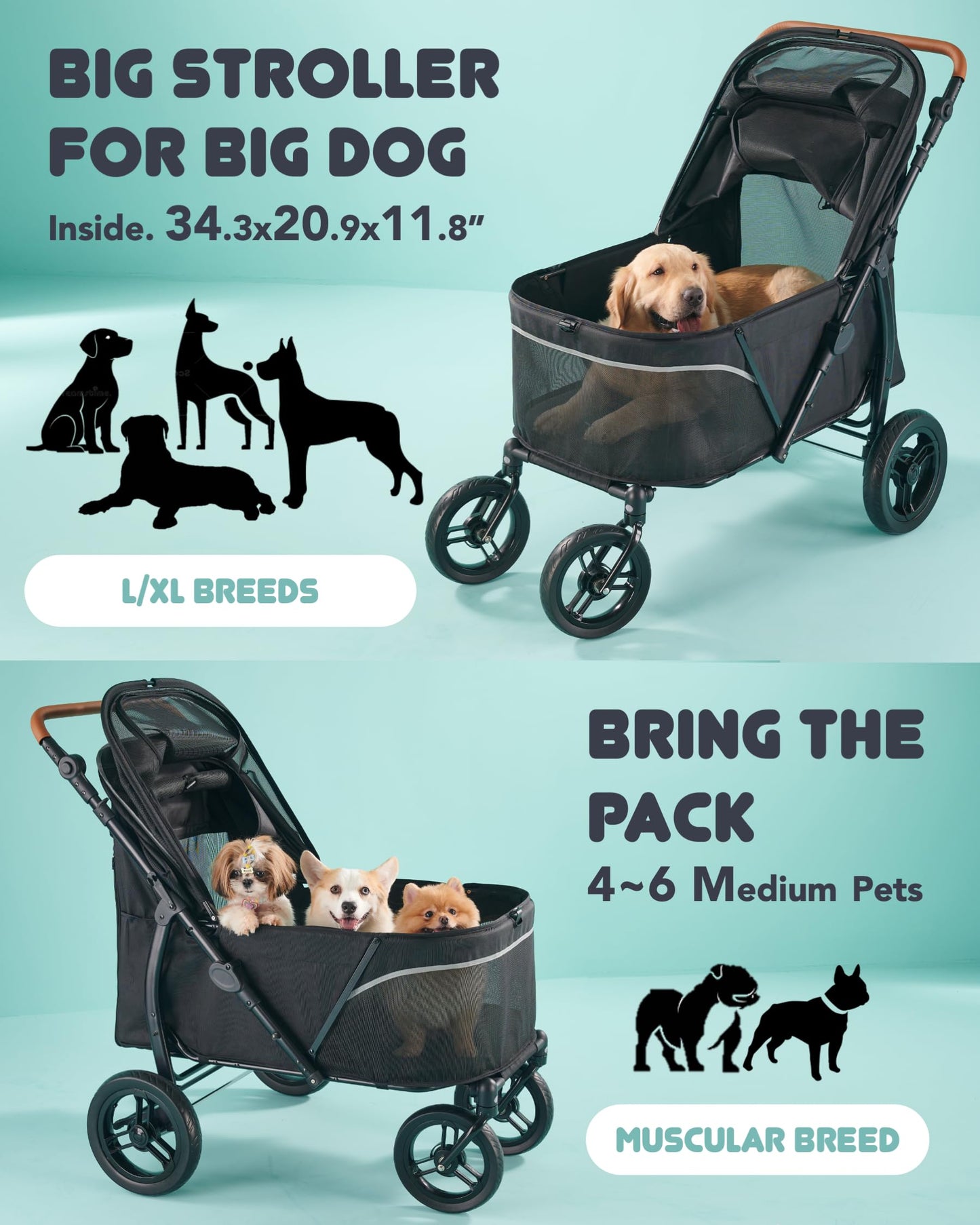 Zoosky Pet Stroller for Large Dogs, Up to 110 lbs, All-Terrain Design, Adjustable Handle, Waterproof Fabric
