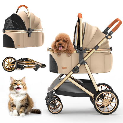 Kenyone Luxury 3-in-1 Pet Stroller, Detachable Carrier, Gold Mirror Finish, For Small & Medium Pets, Khaki