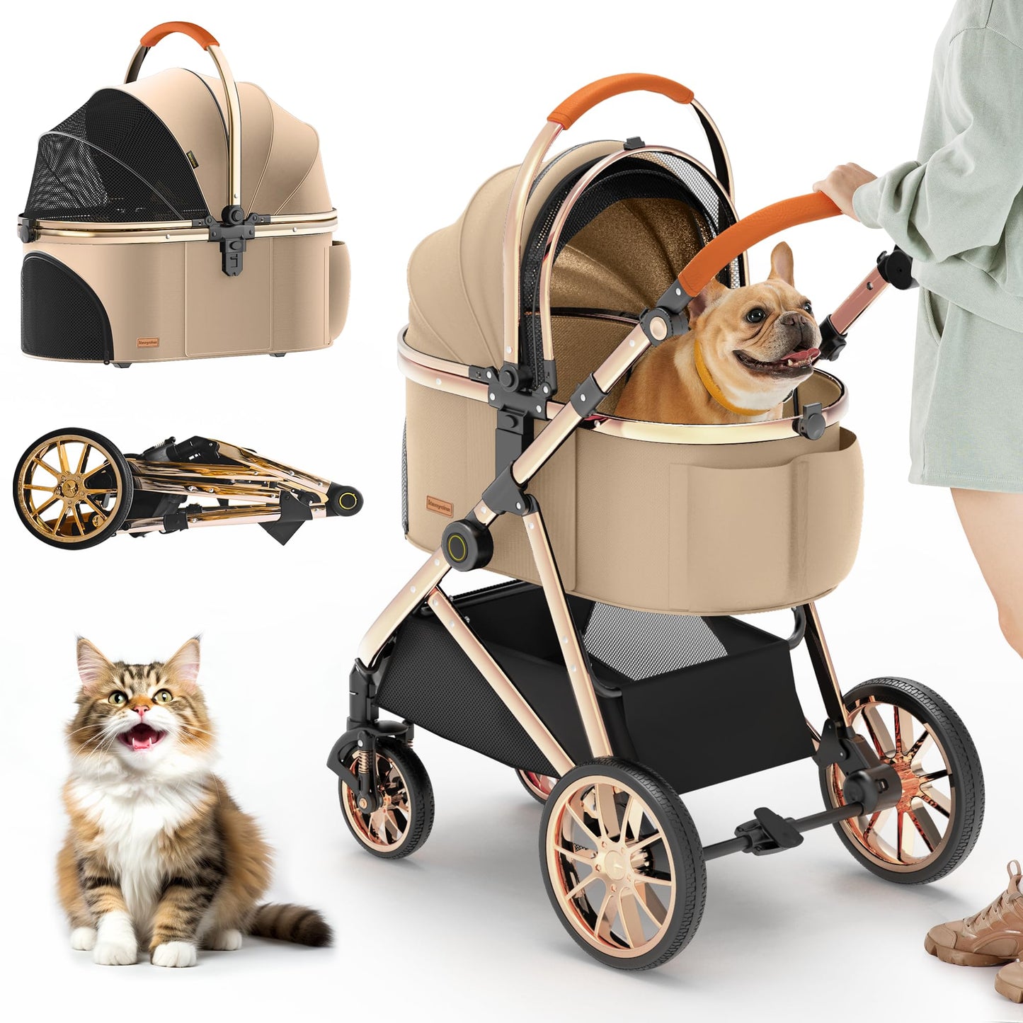 Kenyone Luxury 3-in-1 Pet Stroller, Detachable Carrier, Gold Mirror Finish, For Small & Medium Pets, Khaki