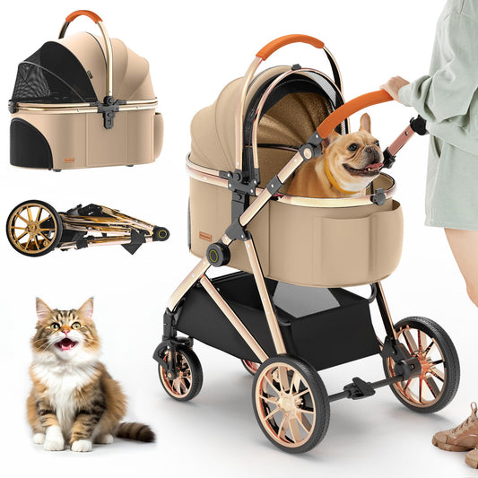 Kenyone Luxury 3-in-1 Pet Stroller, Detachable Carrier, Gold Mirror Finish, For Small & Medium Pets, Khaki