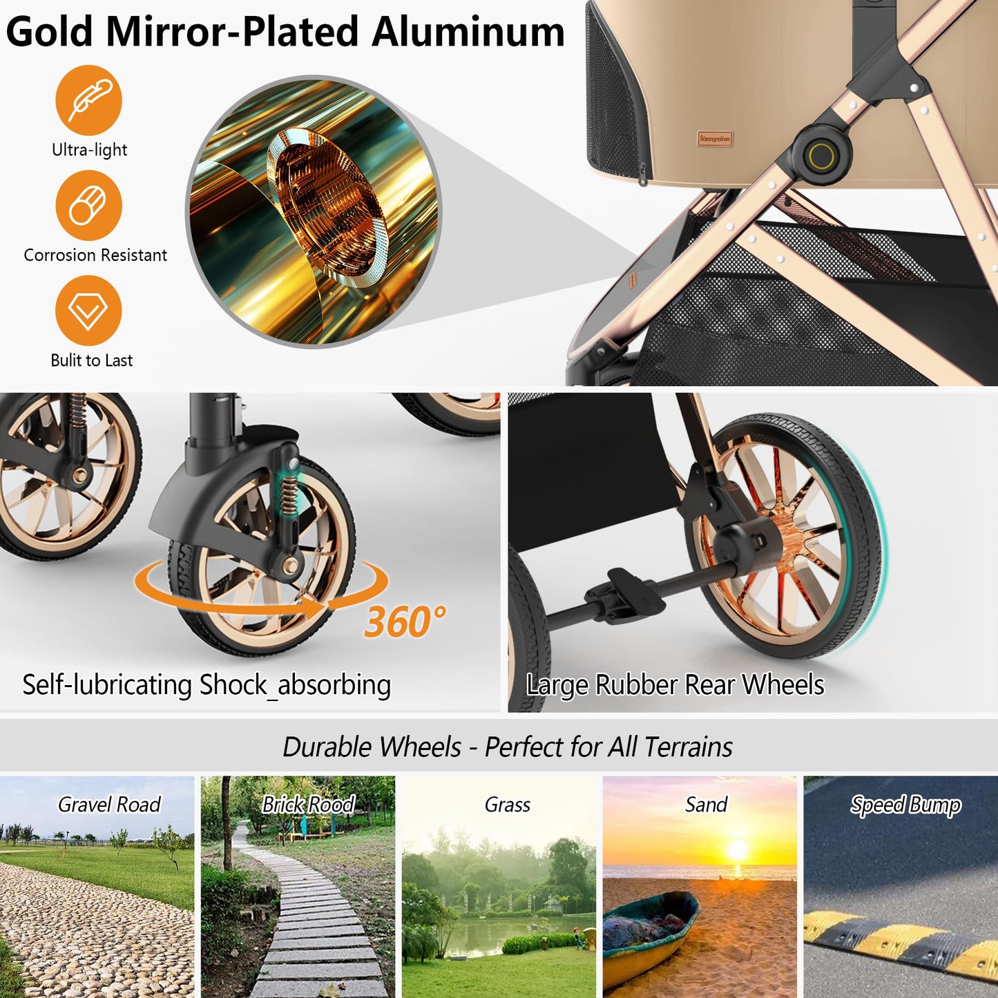 Kenyone Luxury 3-in-1 Pet Stroller, Detachable Carrier, Gold Mirror Finish, For Small & Medium Pets, Khaki