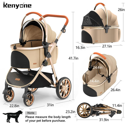 Kenyone Luxury 3-in-1 Pet Stroller, Detachable Carrier, Gold Mirror Finish, For Small & Medium Pets, Khaki