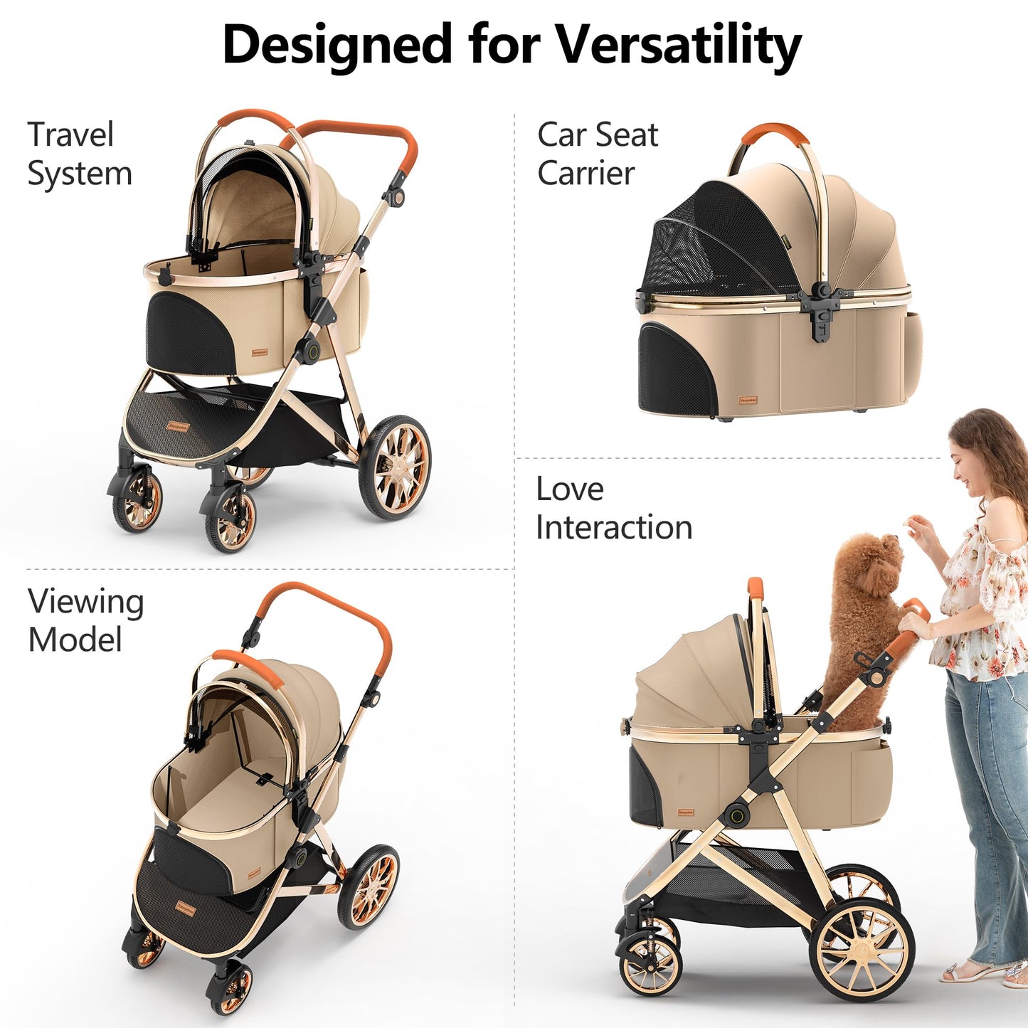 Kenyone Luxury 3-in-1 Pet Stroller, Detachable Carrier, Gold Mirror Finish, For Small & Medium Pets, Khaki