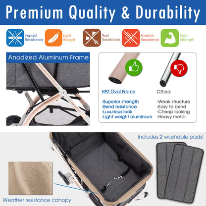 HPZ Pet Rover Lite Pet Stroller, Lightweight Aluminum Frame, Convertible Compartment for Small & Medium Pets
