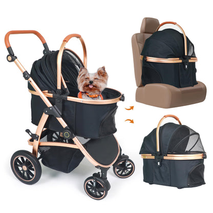 Neatki 3-in-1 Pet Stroller, Detachable Carrier & Car Seat, Foldable, Lightweight, Up to 55 lbs, Black/Gold
