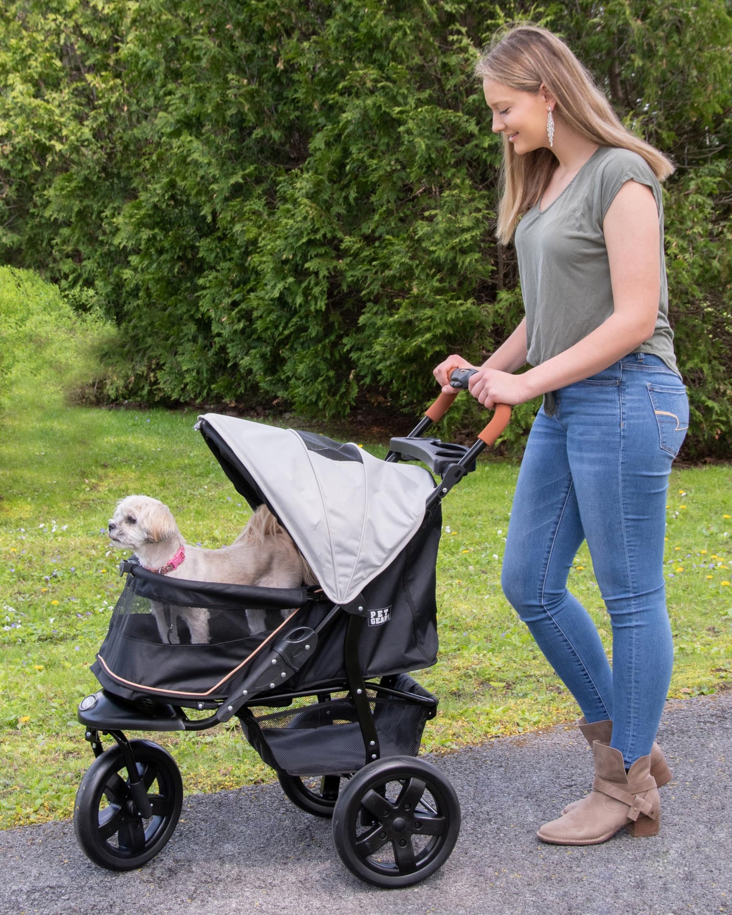Pet Gear No-Zip AT3 Pet Stroller, Zipperless Entry, Jogging Tires, One-Hand Fold, Storage Basket, Platinum